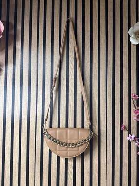 Tan Half Moon Quilted Crossbody Bag with Chunky Gold Chain Accent